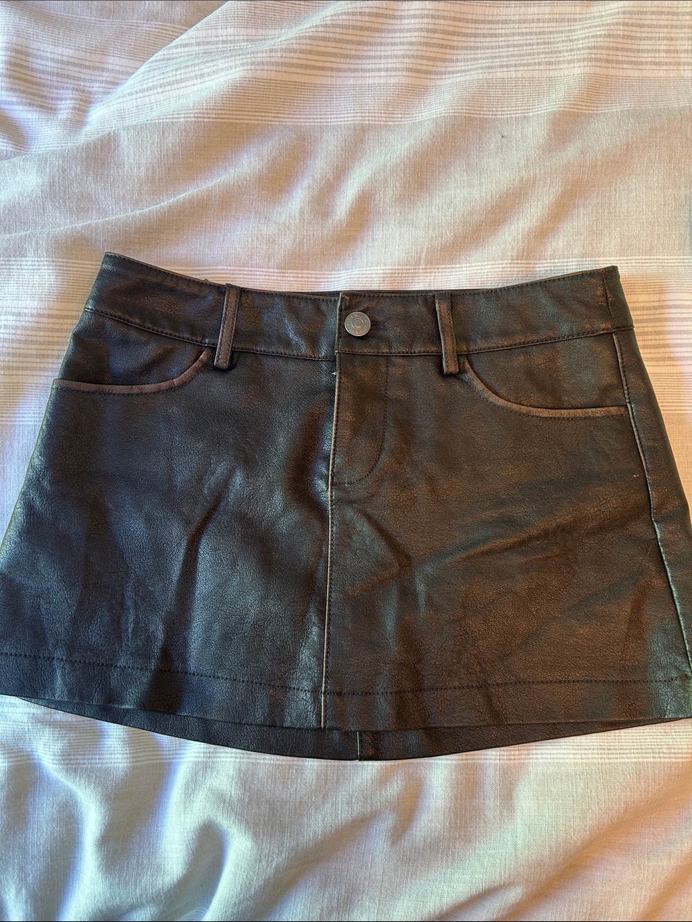 Garage Black Faux Leather Mini Skirt with Front Button